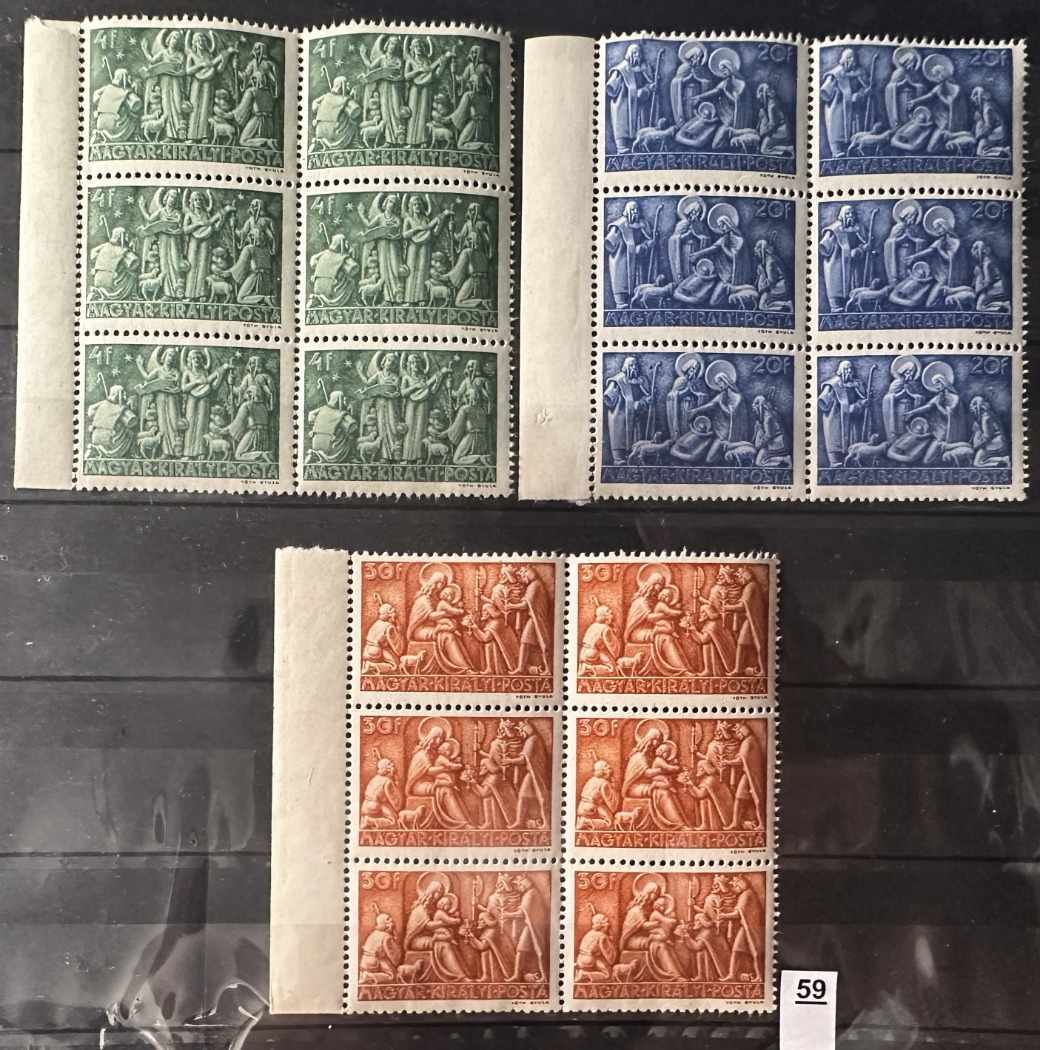 1943 KARÁCSONY LUXUS MAGYAR POSTATÍSZTA BÉLYEG SOR 6-OS ÍVSZÉLES TÖMB** -59.-