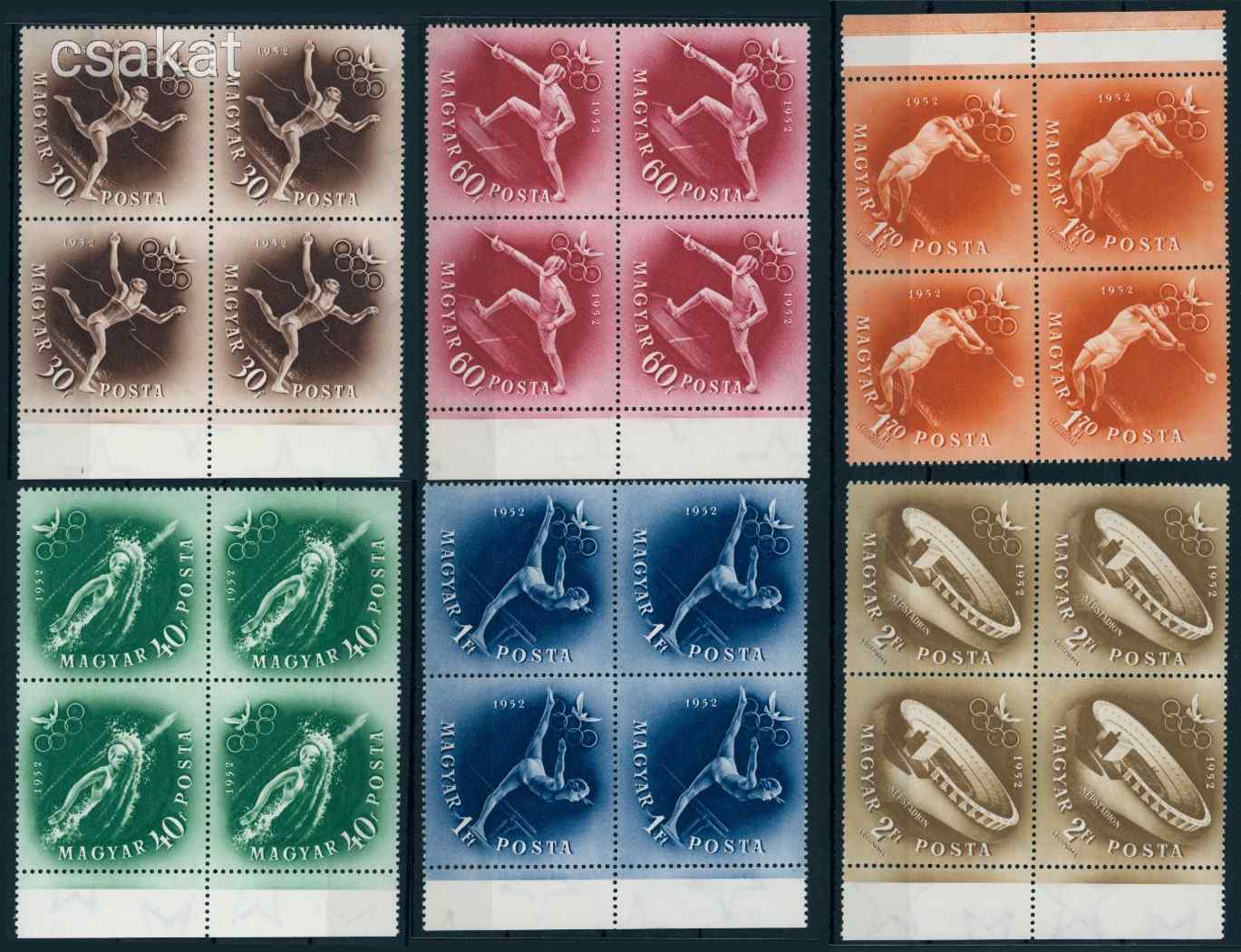 1952 OLIMPIA I. - HELSINKI postatiszta sor ivszeli negyestombokben MPIK 8.000++ ft (e30)