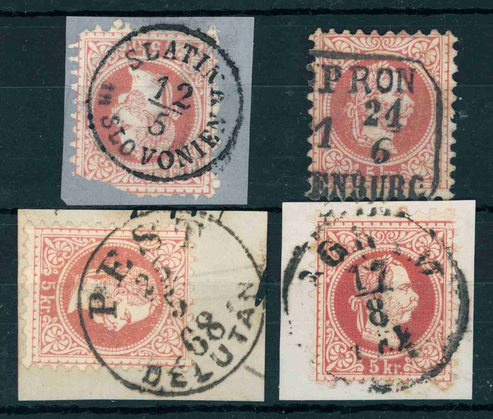 1867 bélyegzések SLATINA / in SLAVONIEN + SOPRON / OEDENBURG + AGRAM / EX. +  PEST Gudlin 220p (e80)