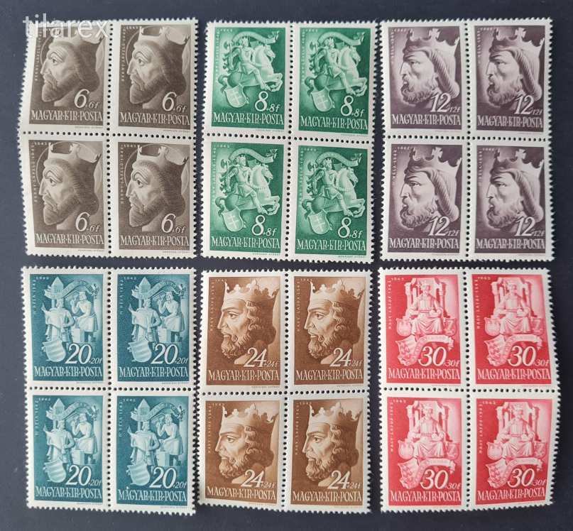 Magyar bélyeg négyestömb 1942 Királyok ( MBK 732-37** 6.000 Ft ) négyes tömb