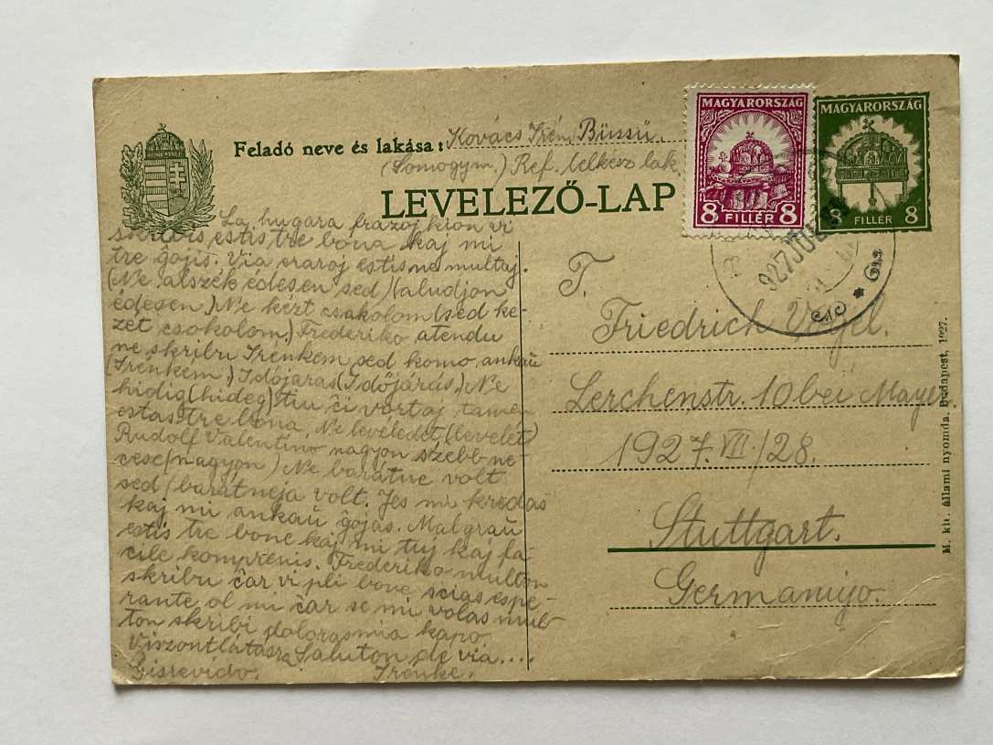 1927 Eszperantó dijjegyes levelezőlap 8f+8f Büssü Stuttgart bélyeges külföldi ritka