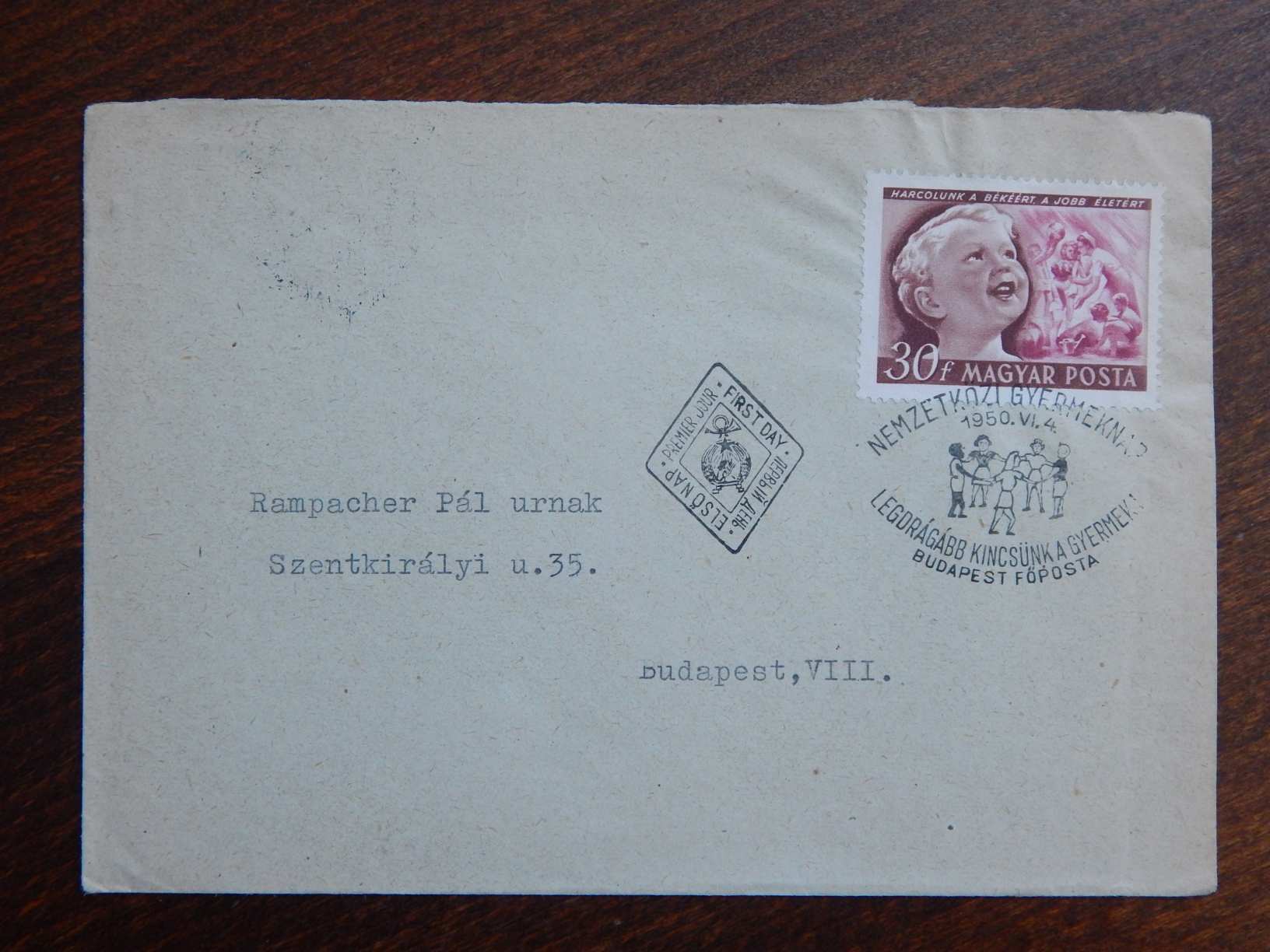 1950. Nemzetközi Gyermeknap - elsőnapi bélyegzéssel, megcímzett borítékon