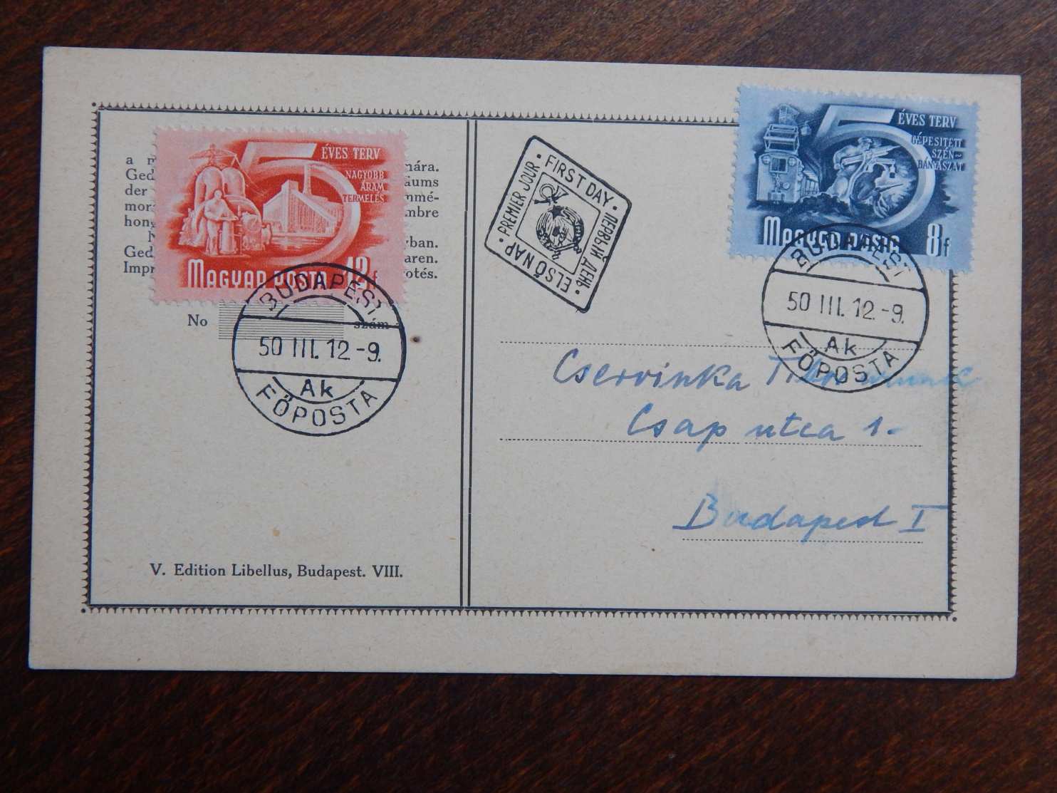 1950. 5 éves Terv bélyegek - elsőnapi bélyezéssel levelezőlapon