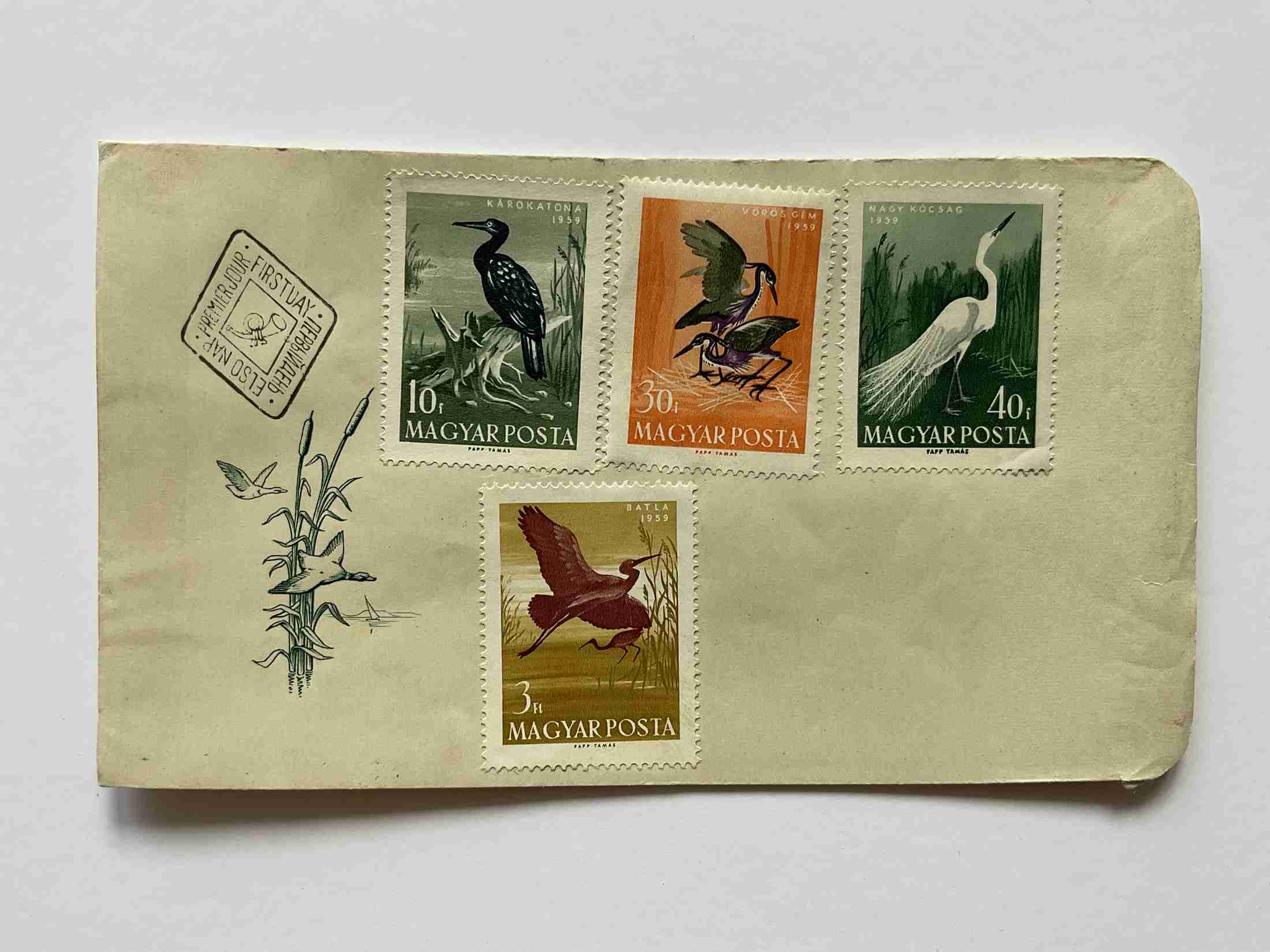 1959 Madarak FDC 4 bélyeggel karókatona vörösgém kócsag batla hiányos sor