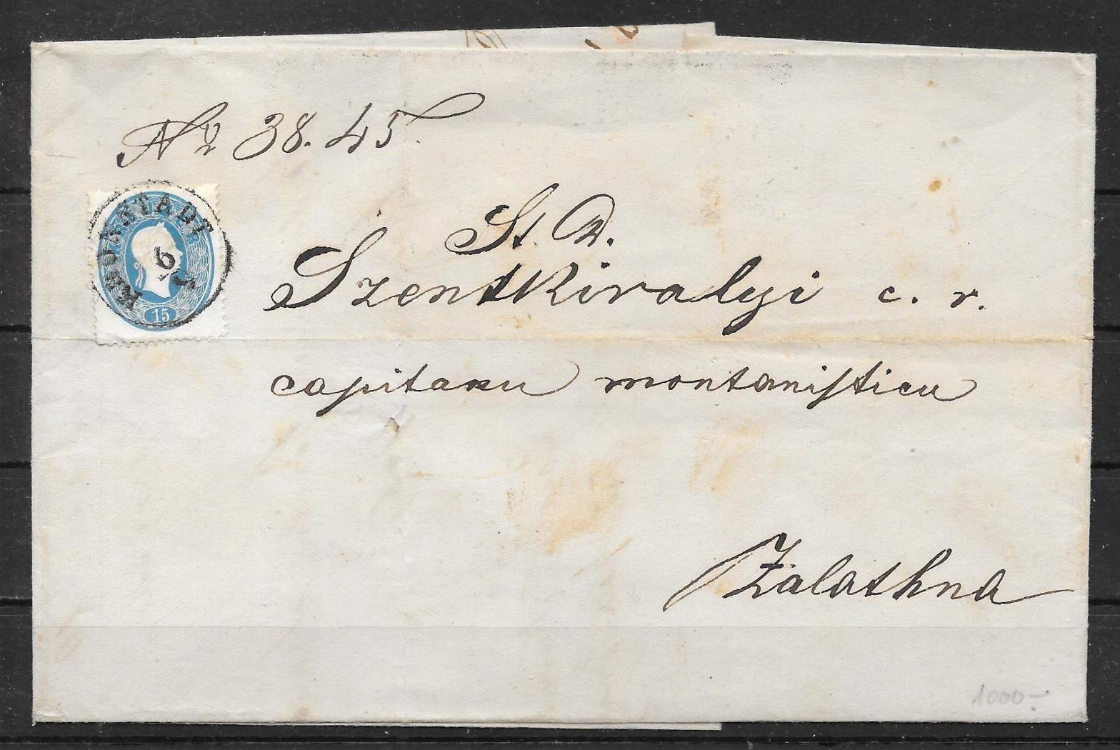 1861. 9. 6. 15 kr egyes bérment. távolsági levél KRONSTADT-ZALATHNA
