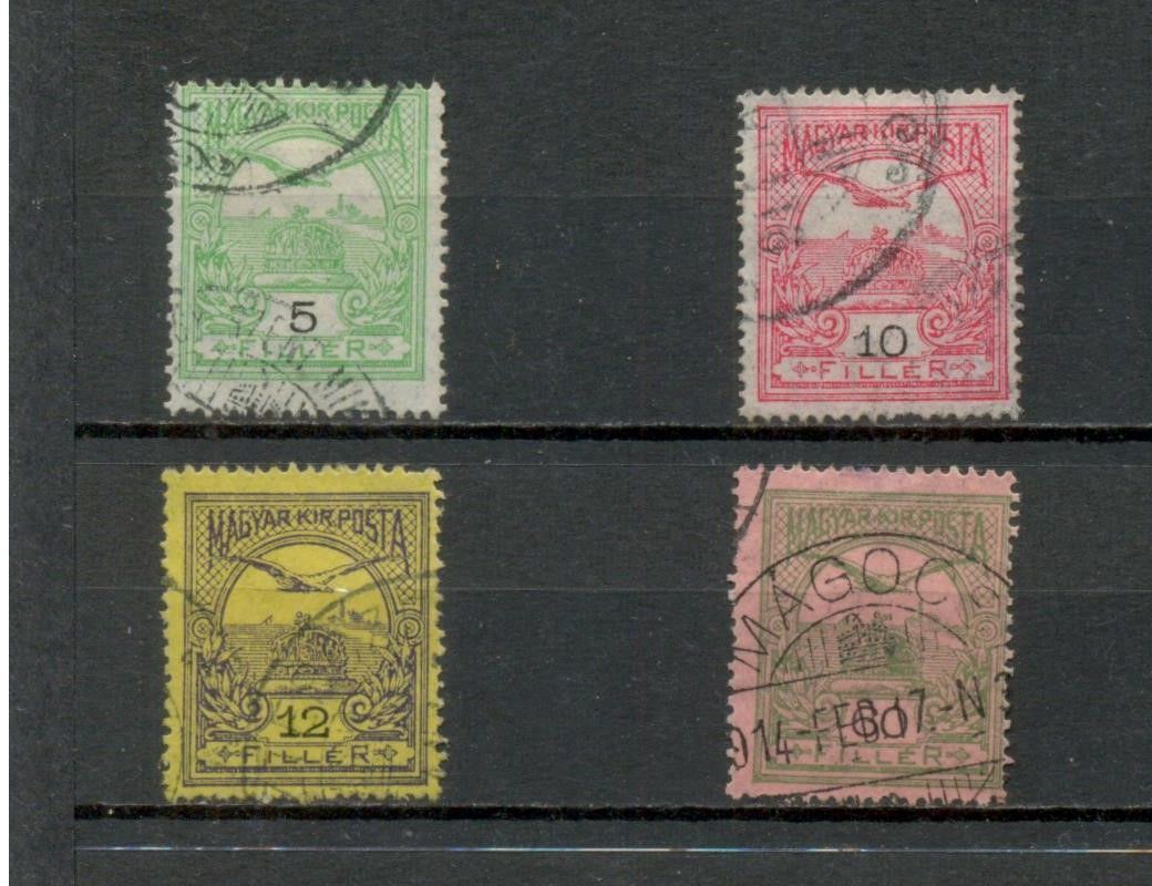 M18 - 1913 Turul, 4 db használt bélyeg, VIIa fekvő kettőskereszt vízjel