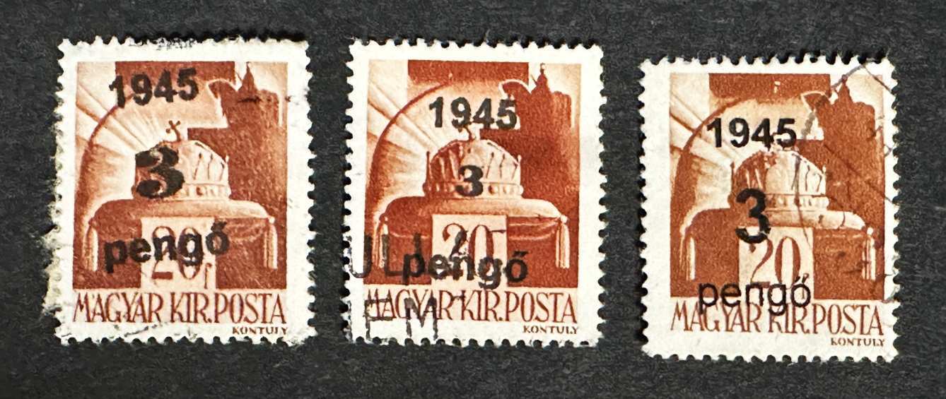 MAGYARORSZÁG 1945 VISSZATÉRT TERÜLET NAGYVÁRAD I.  2P-20F MIND HÁROM TIPUS BÉLYEG