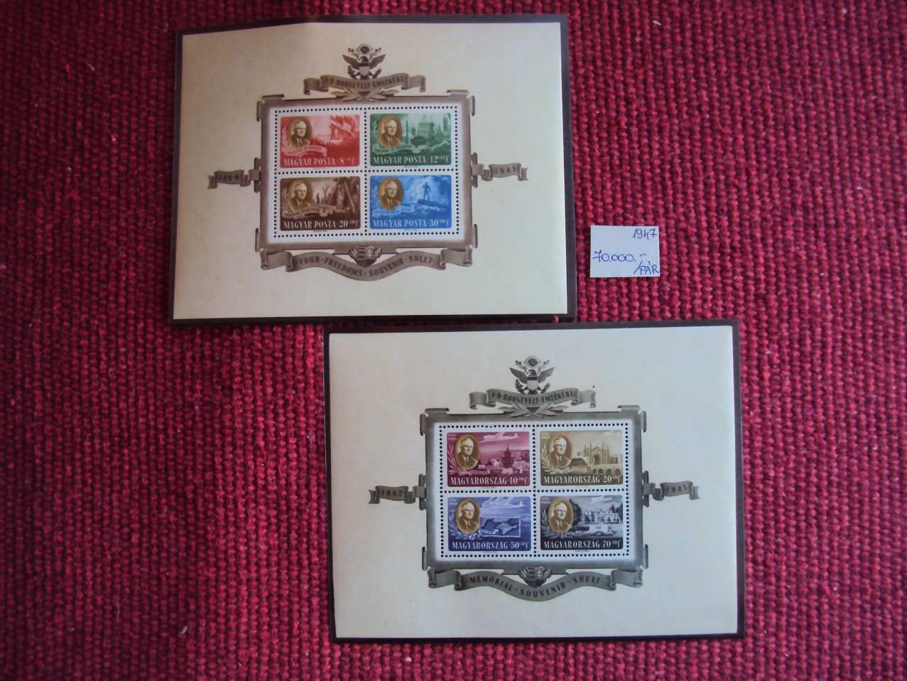 1947 Roosevelt Blokkpar postatiszta Harmadarban elado BAL-15