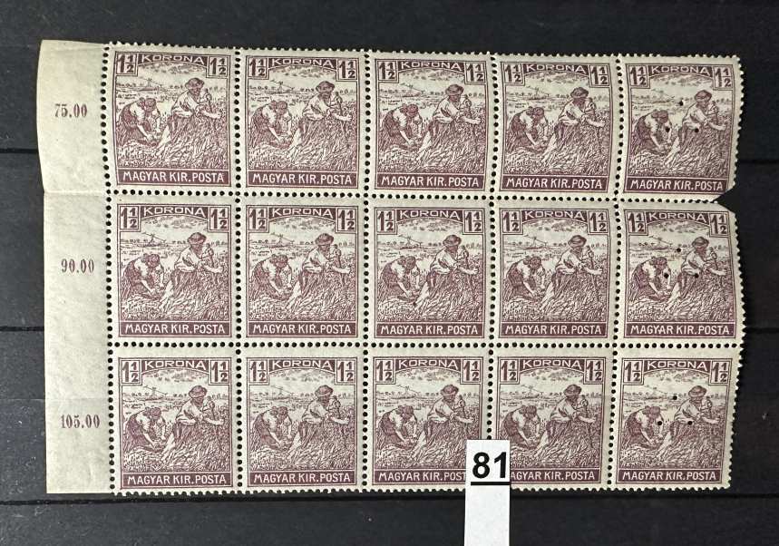 1920-24 ARATÓ 1 1/2, MAGYAR POSTATISZTA BÉLYEG 15-ÖS TÖMB , 3-AS LYUKASZTÁSSAL IS**