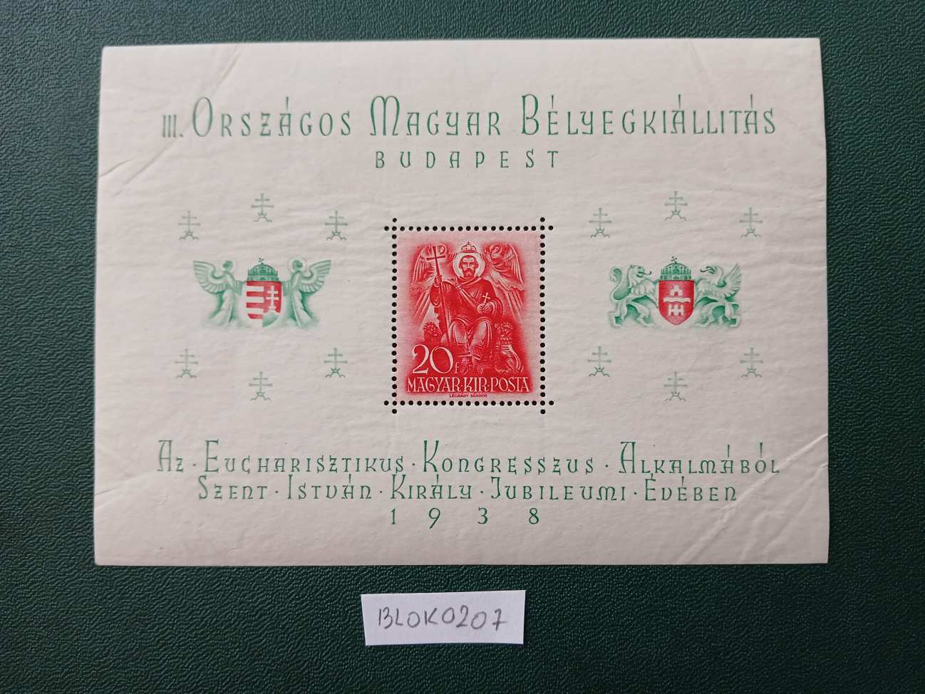 BLOK0207 Magyar bélyeg blokk ORBÉK  1938 608  postatiszta    kat.ér - 8000 HUF 