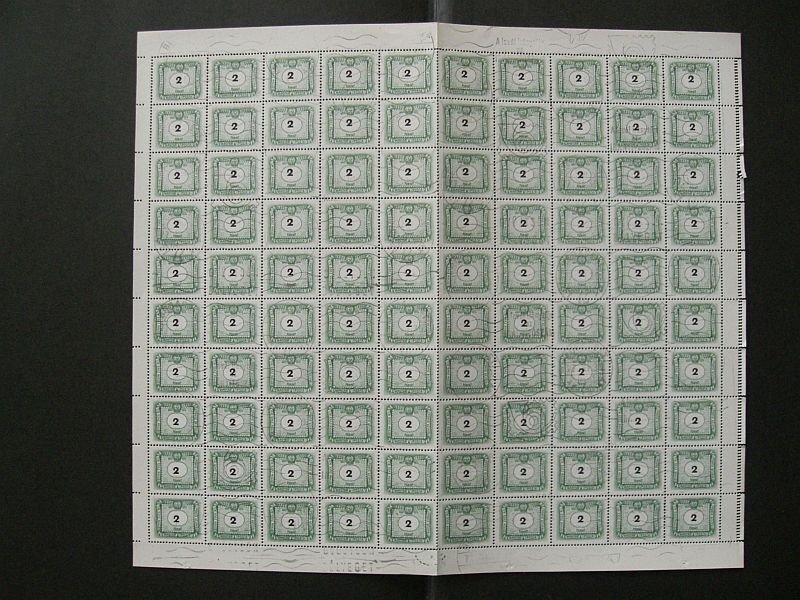 1953. 50 éves a magyar portóbélyeg kis számjegyű 2 forintos pecsételt teljes ív (középen hajtott)