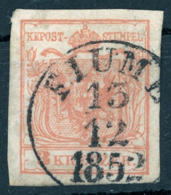 1850 OPM 3 kr FIUME bélyegzés Modrus-Fiume Croatia / Gudlin E3.8 / 200 pont (e78)