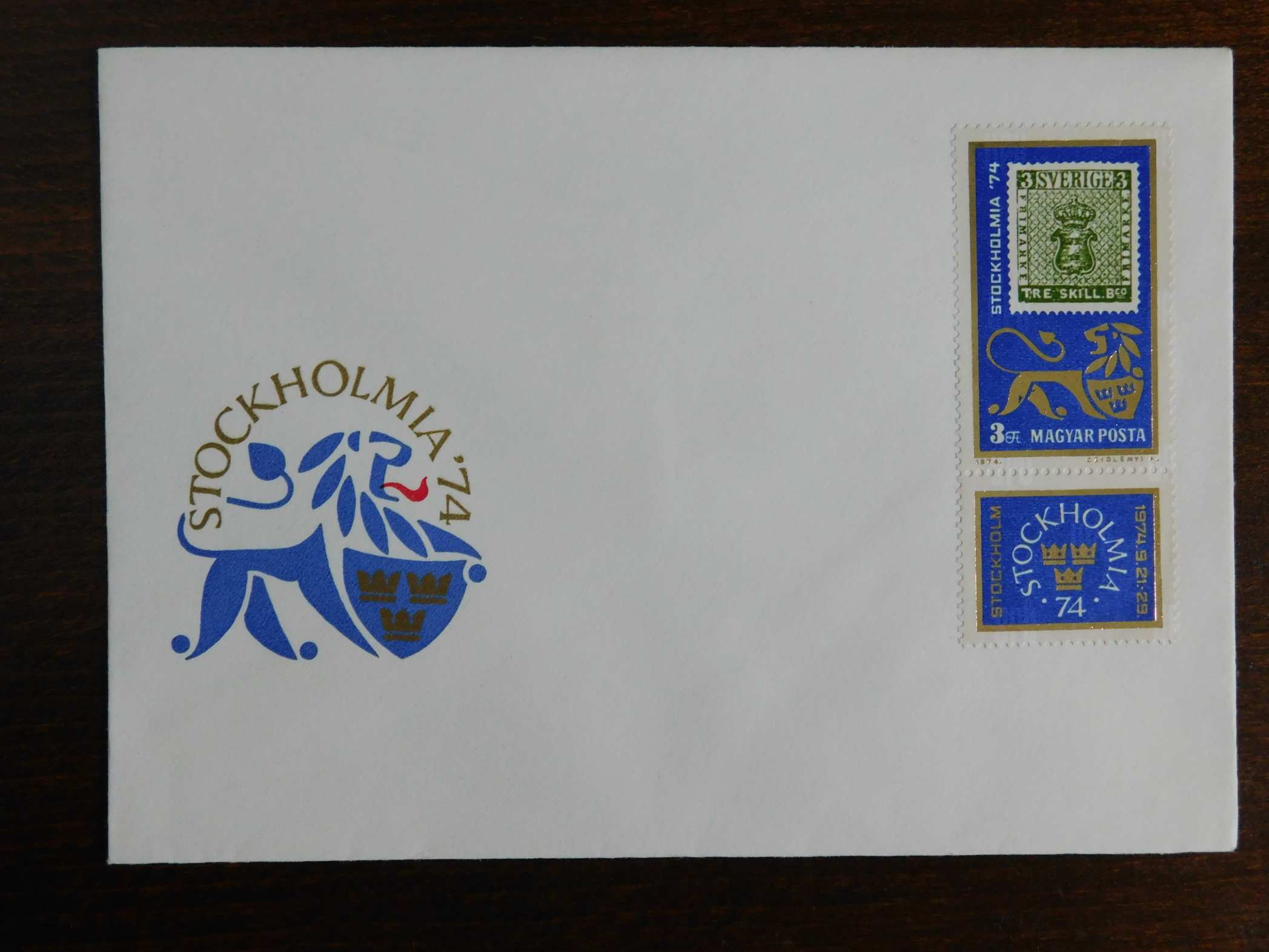 FDC 1974. Stockholmia'74 Bélyegkiállítás - a svéd Mi 1-es bélyeg képe, szelvénnyel