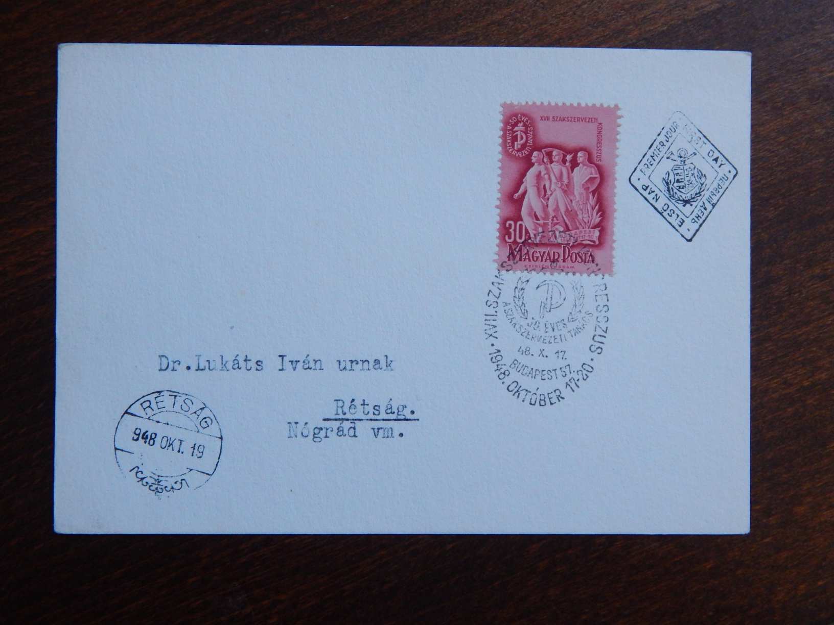 1948. Szakszervezeti Kongresszus - elsőnapi, alkalmi bélyezés kartonlapon