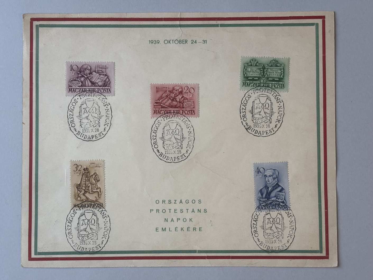 Országos Protestáns Napok emlékére emléklap bélyegekkel pecséttel 1939. október 24-31.
