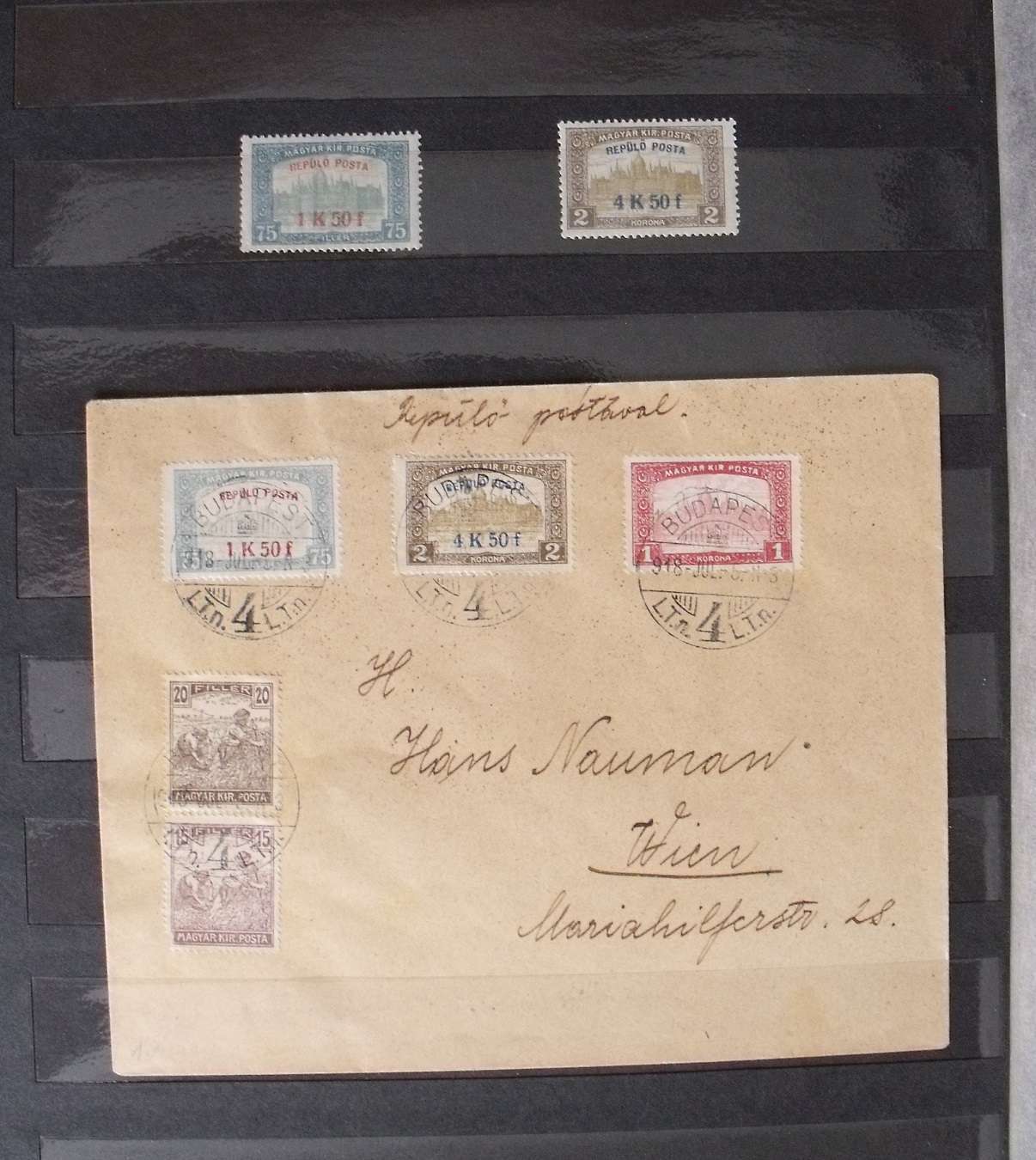 1918 repülő posta bélyegek küldeményen és külön