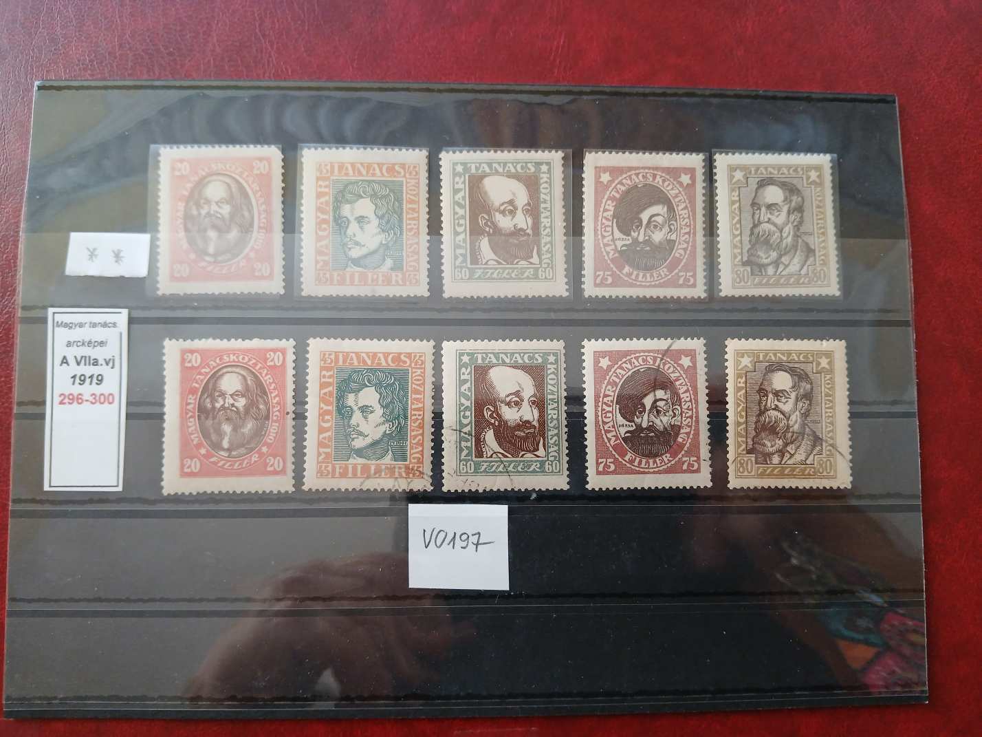 V0197 Magyar bélyeg 1919 296-300 eredeti gumirozás postatiszta és pecsételt sor