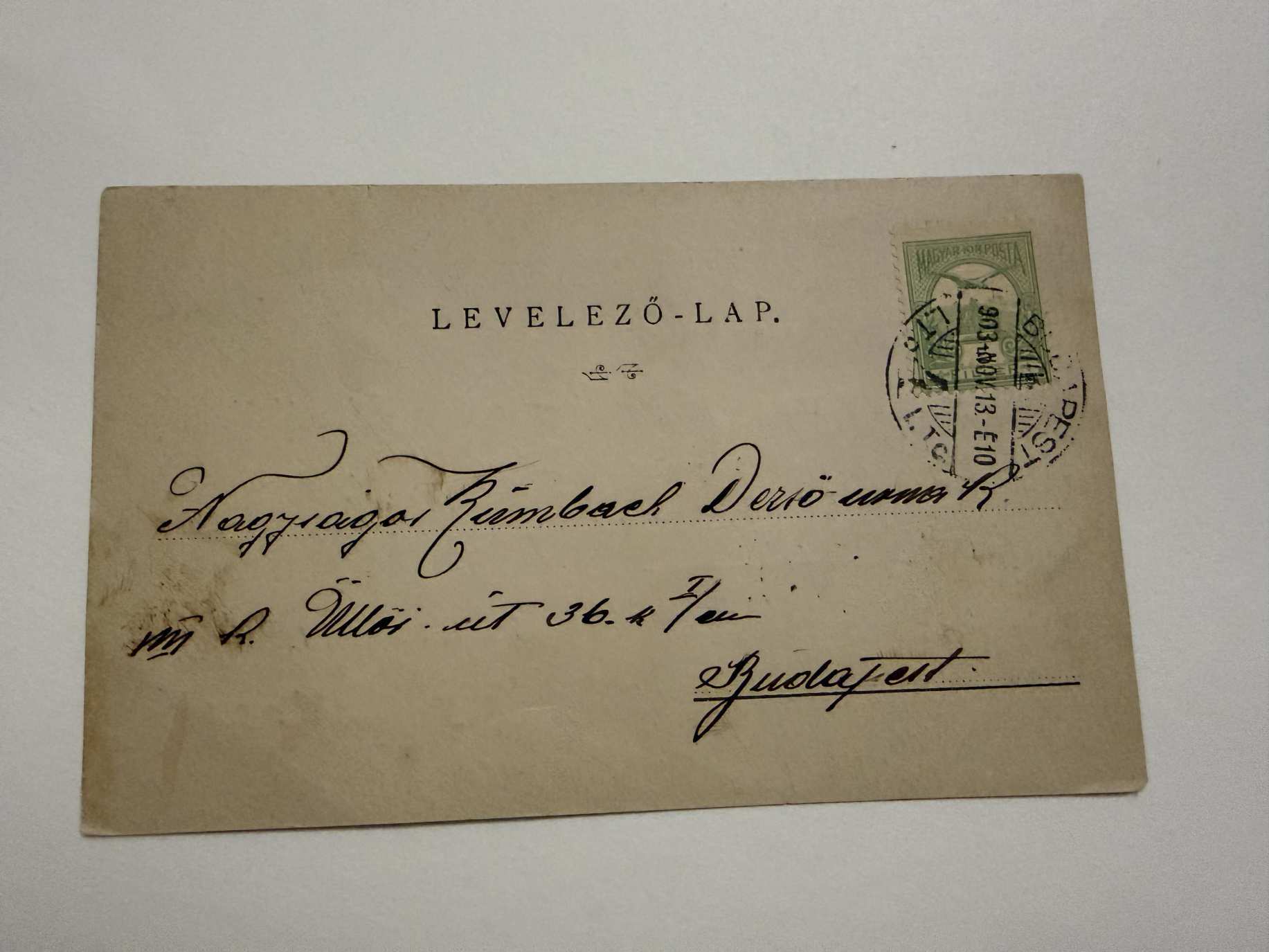 1903 üzleti levelezőlap Turul 5f bélyeg Budapest pecsét , ruhaproba  ritka
