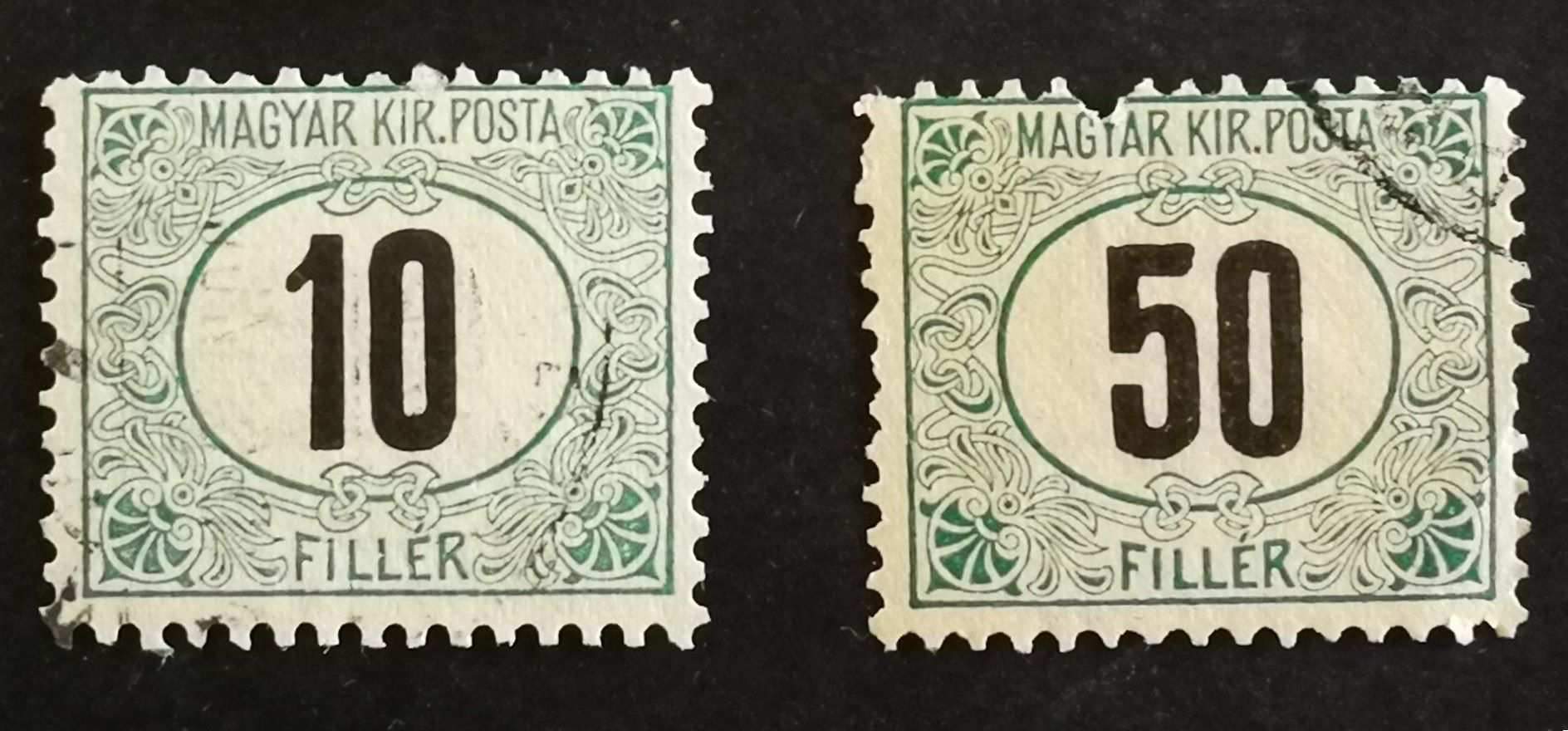 Magyarország 1905 Zöldportó A11 3/4: 12, 2 érték, 50 F kis hiány, pecsételt G3