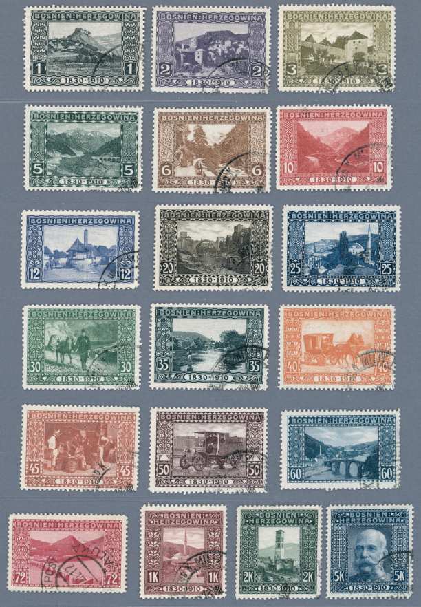 1910 / 1912 Bosznia-Hercegovina – két jó minőségű pecsételt sor | Ferchenbauer 161 EUR (e78)