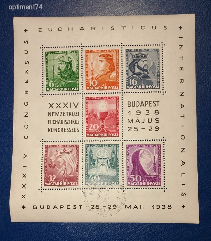 1938. Eucharisztikus blokk 1. alkalmi bélyegzéssel - Jó minőségű, szép állapotú blokk