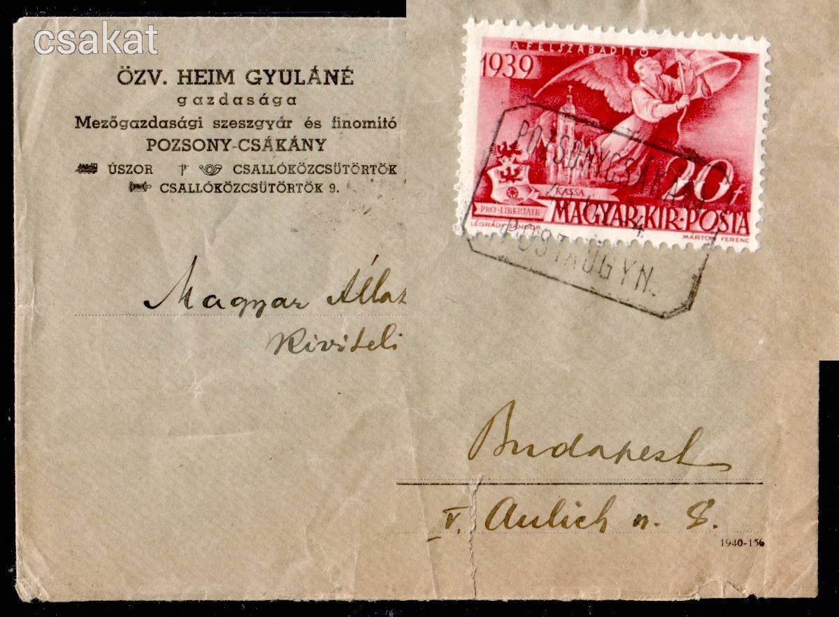 1942 POZSONYCSÁKÁNY postaügynökség béylegzés levélen Felvidék Slovakia MPPFB PÜ40 / 200p (c83)