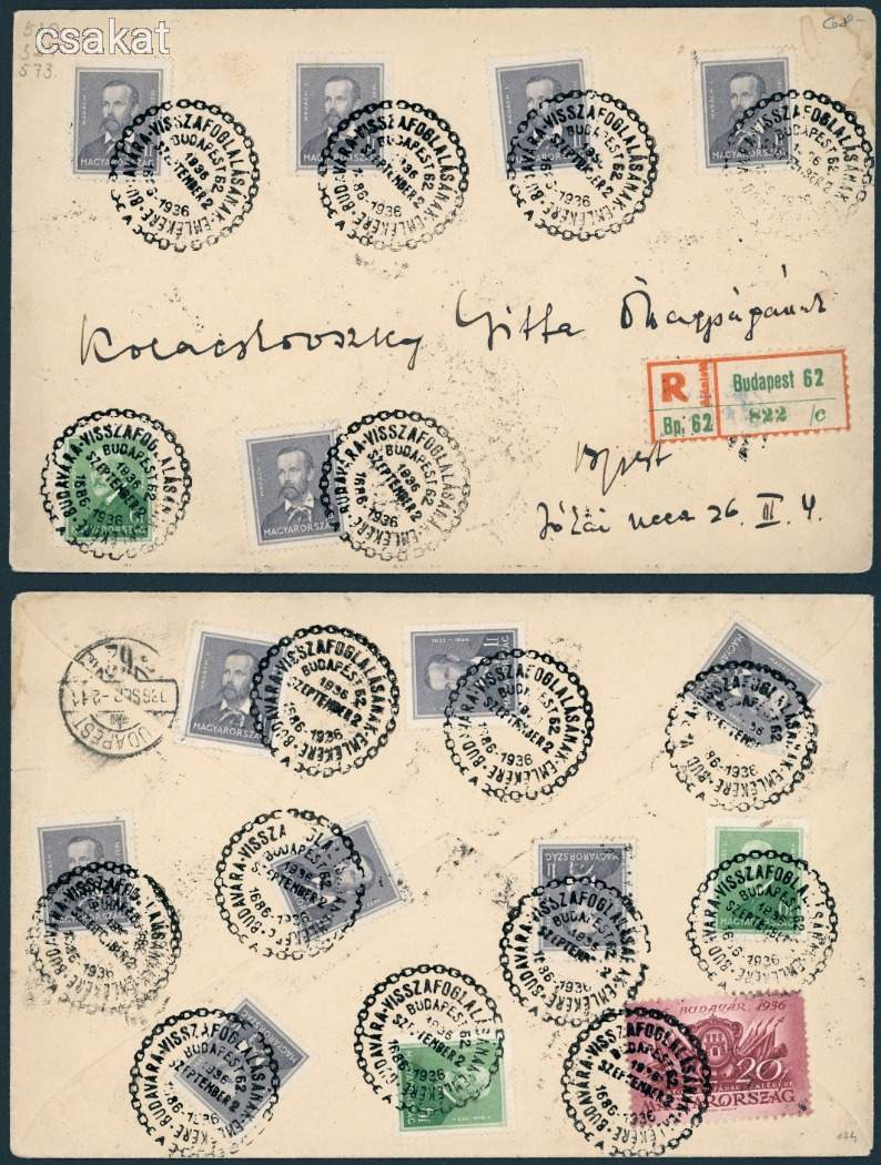 1936 Budavár 20f FDC boríték + alkalmi bélyegzés + Arcképek vegyes színes 16 bélyeges díjlerovás(e39
