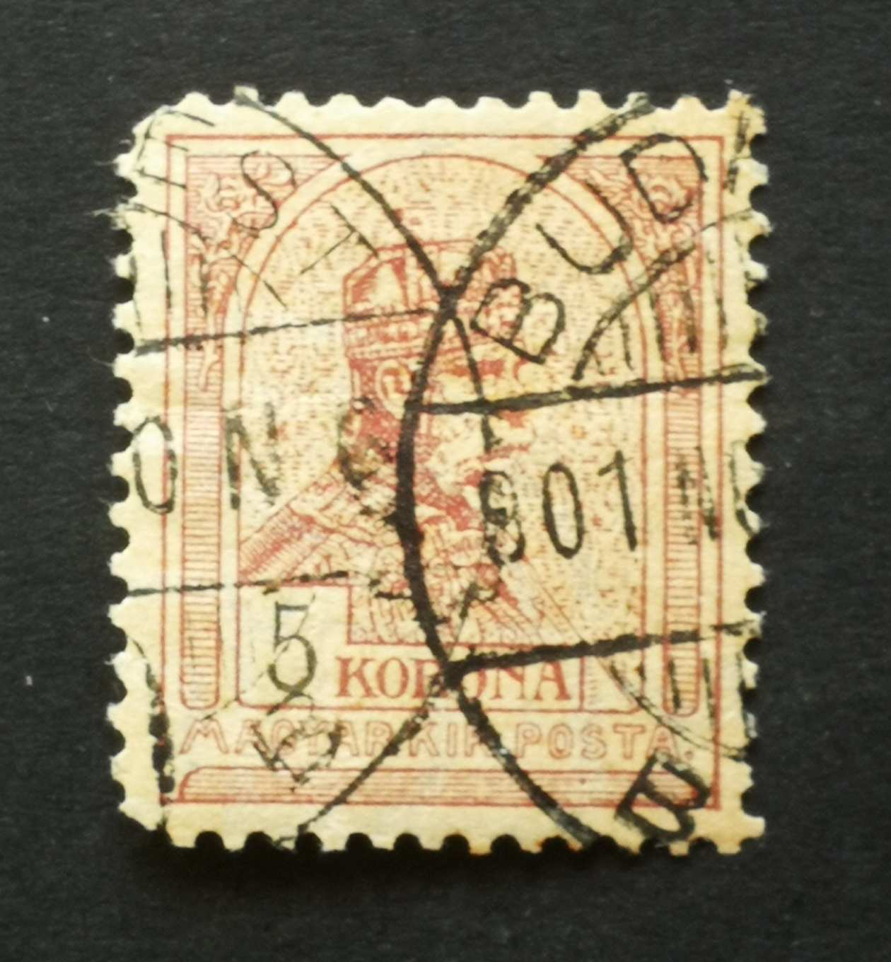 Magyarország 1900 Turul 5 K BUDA(P)EST sarokhiány, törés H