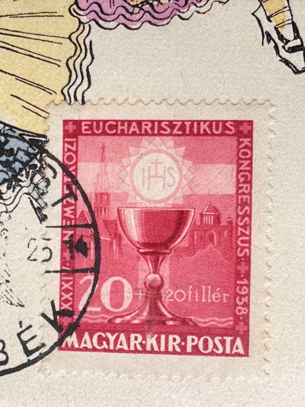1938 EUCHARISZTIKUS BÉLYEG A TERVEZŐ NEVE NÉLKÜL ELSŐ NAPI LEVÉLEN NAGYON KINÁLAT!!
