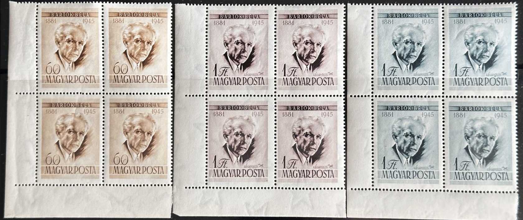 1955 BARTÓK BÉLA  LUXUS MAGYAR POSTATÍSZTA BÉLYEG SOR 4-ES, ÍVSZÉLES TÖMB **