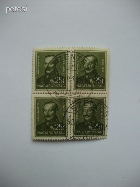 magyar bélyeg arcképek 25 f 1932 4-es tömb / négyes tömb szentes bélyegzéssel