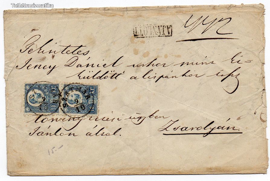 1871-es Réznyomatos 10 Krajcár pár levélen SZATMÁR bélyegzés