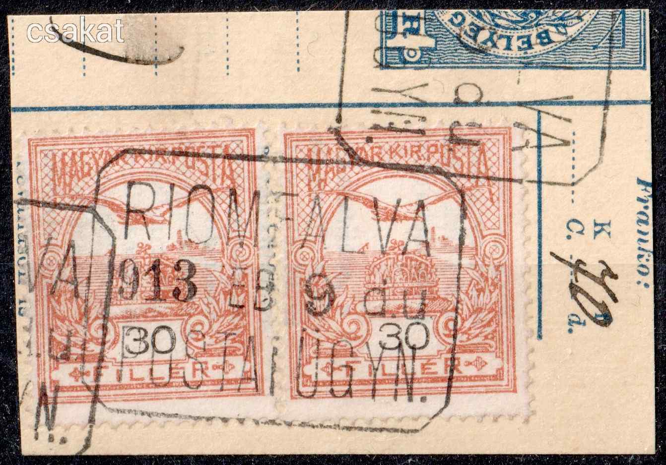 1913 Turul Riomfalva postai ügynökség bélyegzés - Erdély, Romania MPPFB PÜ10 / 200p (d53)