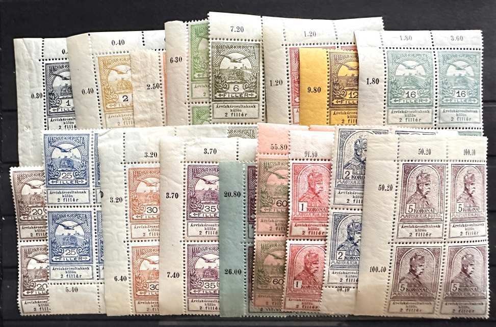 1913 ÁRVÍZ POSTATISZTA MAGYAR BÉLYEG TELJES SOR **  SZÉP ÉPP BÉLYEGEK, 4-ES TÖMB MBK: 360.000FT