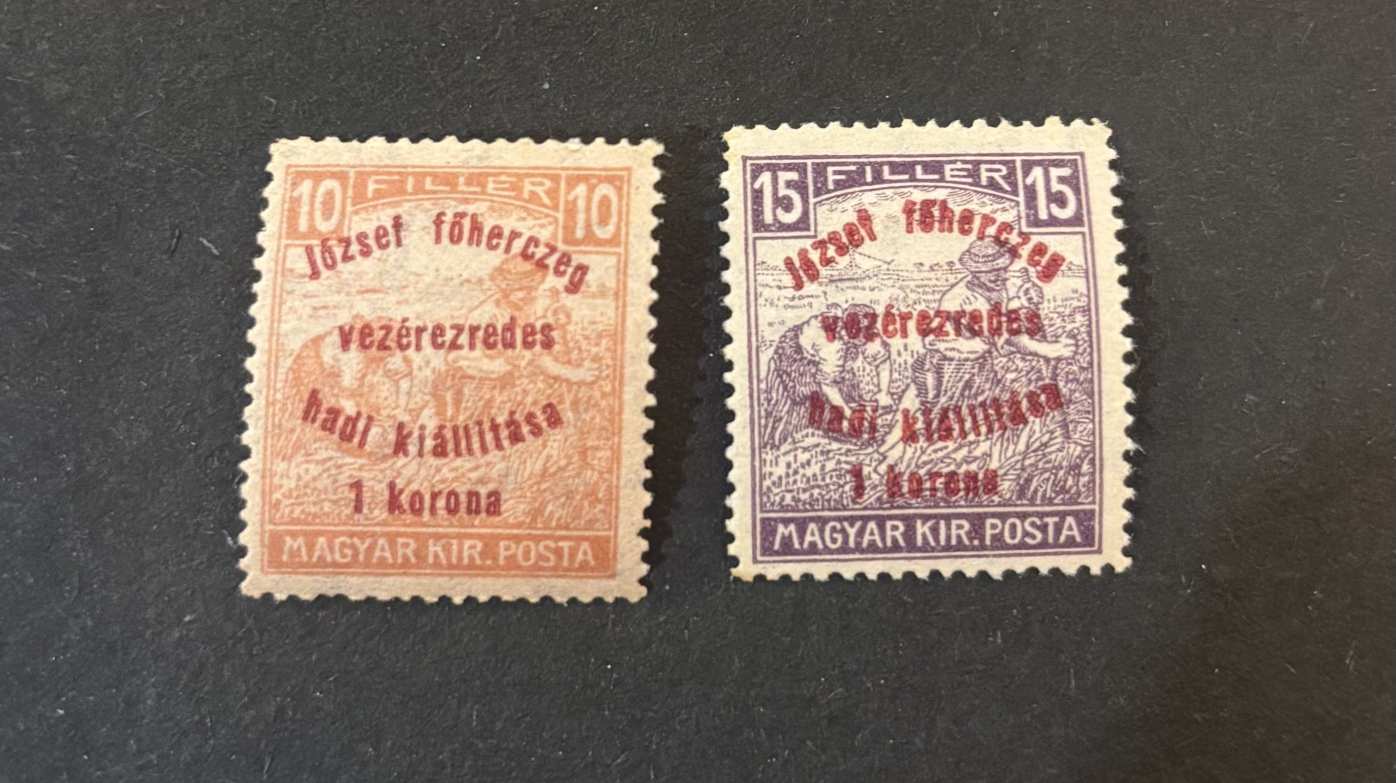 1916 Magyar Kir. Posta – Margitsziget sorozat (10f, 15f) felülnyomásos, postatiszta
