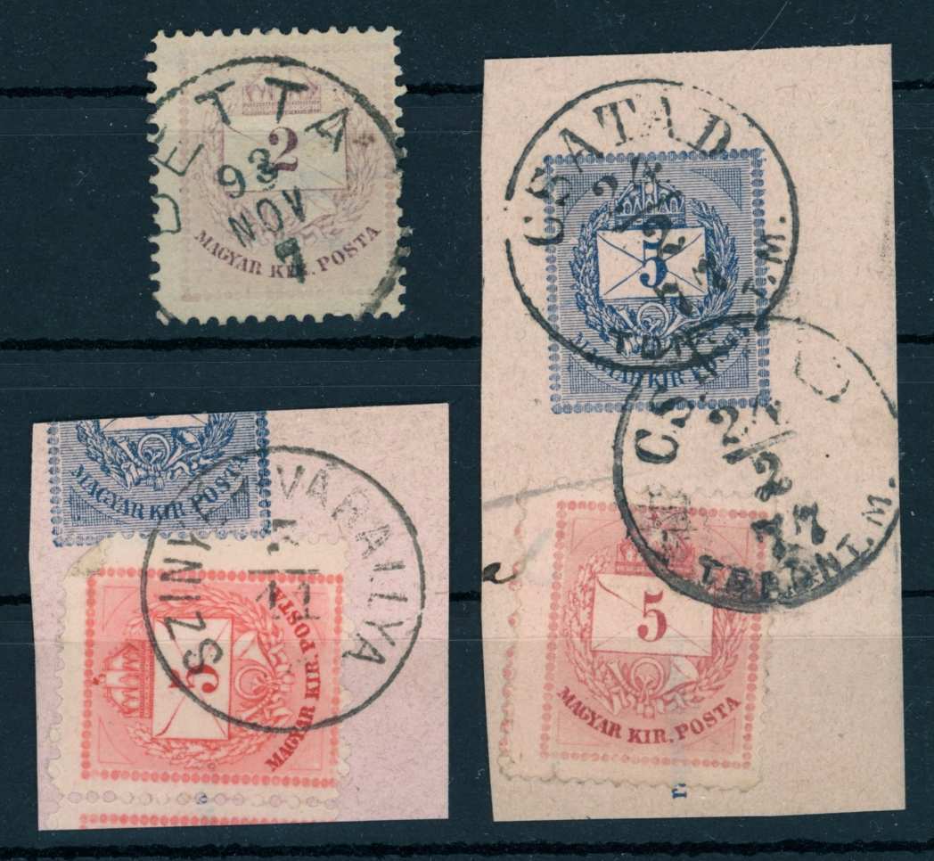 1874 - 1881 krajcáros bélyegzések DETTA + CSATÁD / TORONT.M. + SZINYÉR-VÁRALLYA - Gudlin 125p (e79)