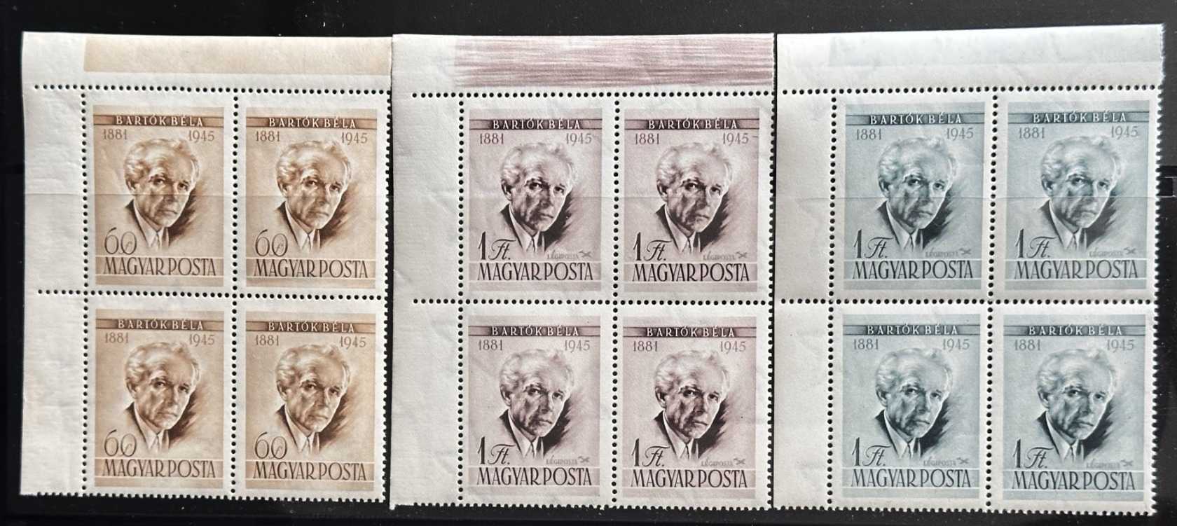 1955 BARTÓK BÉLA  LUXUS MAGYAR POSTATÍSZTA BÉLYEG SOR 4-ES, ÍVSZÉLES TÖMB **
