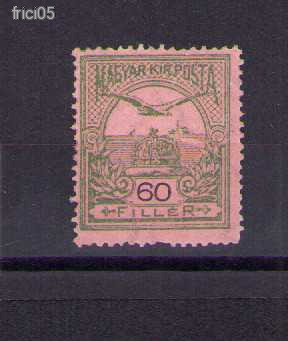 1913, Turul 60 fillér, postatiszta, gumi nélkül, olajzöld/ rózsa VII/A vj, eltolódott fogazással