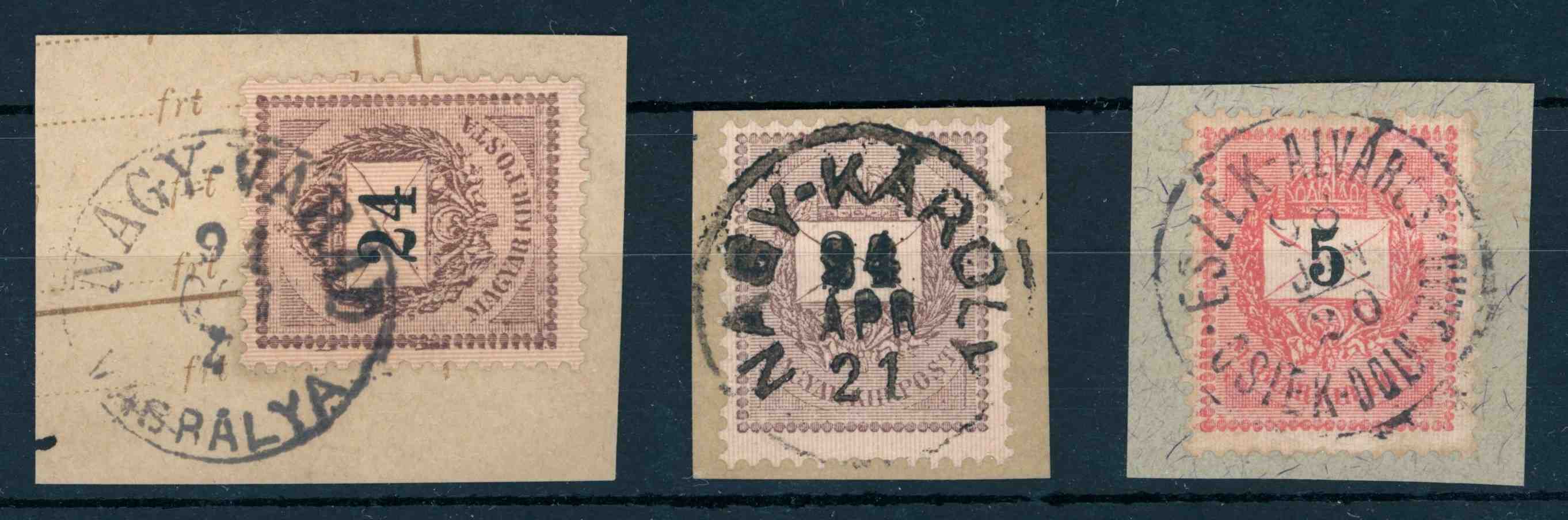1889 krajcáros bélyegzések NAGY-VÁRAD / VASPÁLYA + NAGY-KÁROLY + ESZÉK-ALVÁROS OSIEK-DOLN GRAD (e74)
