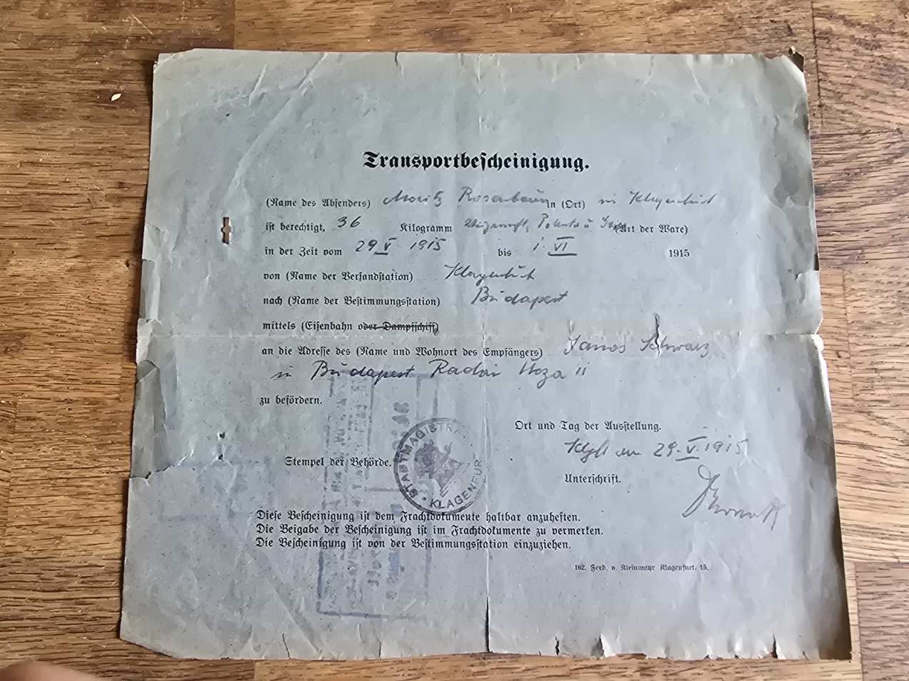 Szállítási igazolás 1915