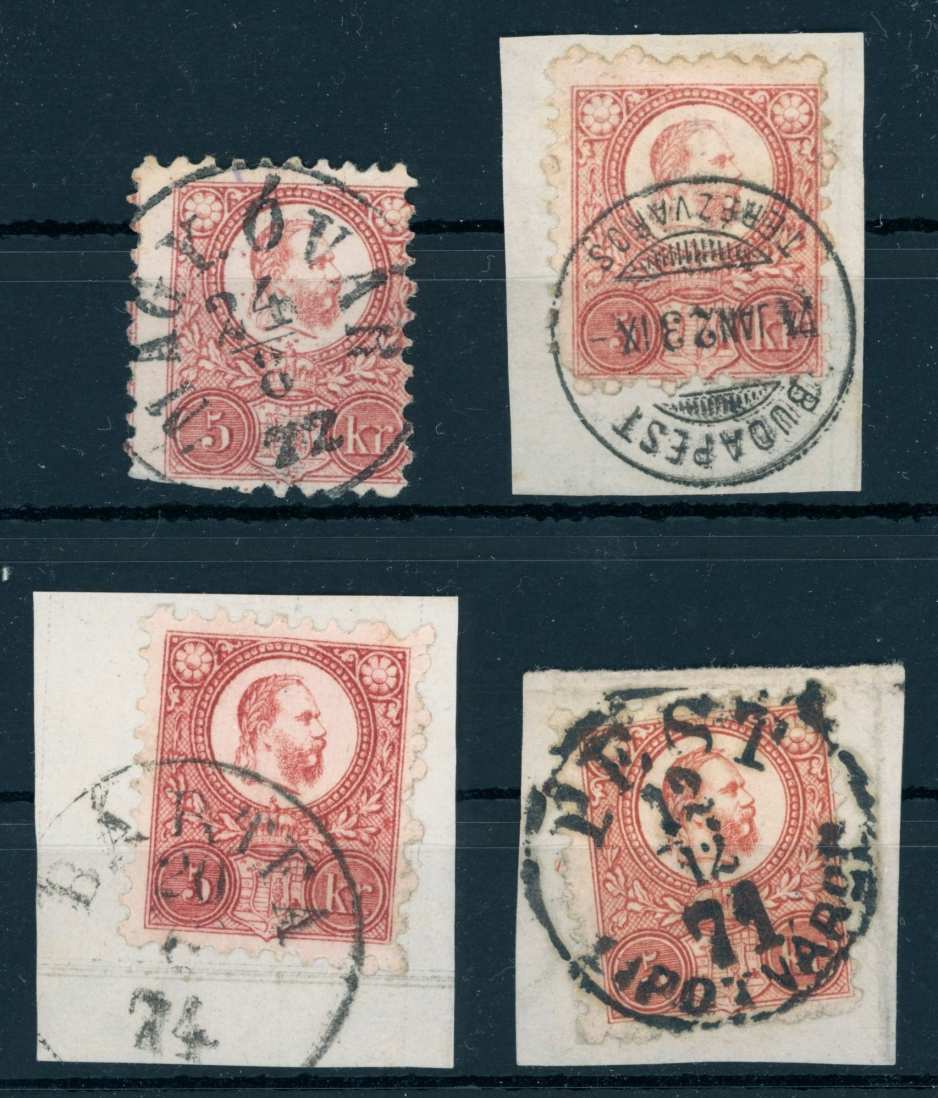 1871 réznyomatos bélyegzések MAGY.ÓVÁR + BUDAPEST / TERÉZVÁROS + BÁRTFA + leír Gudlin 170 pont (e80)