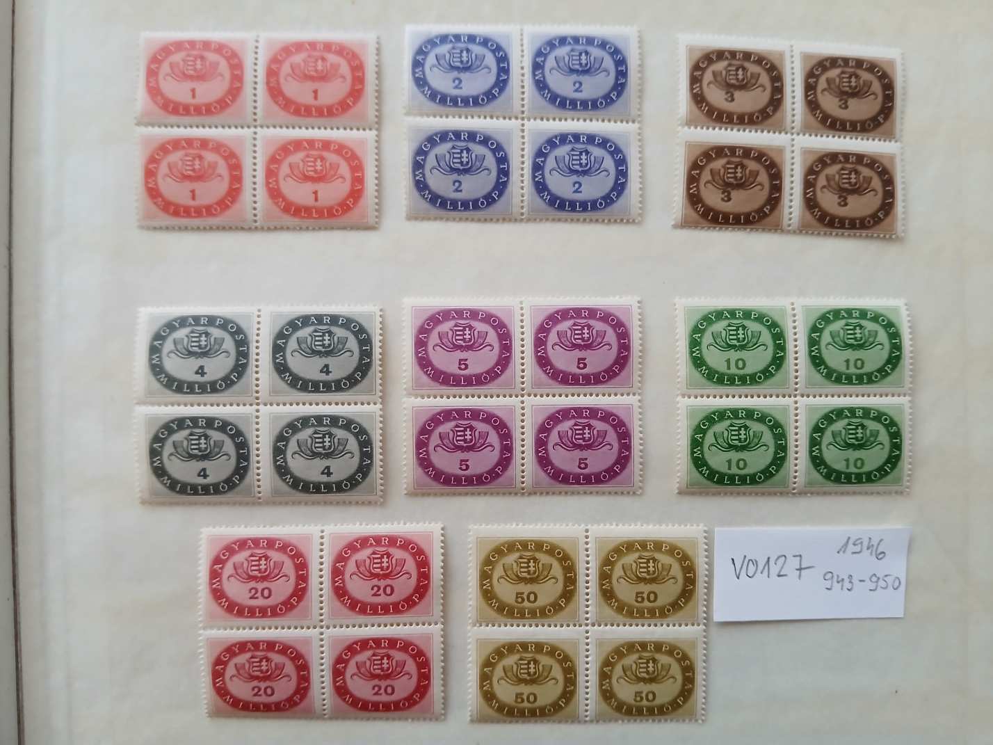 V0127 Magyar bélyeg 1946 943-950  postatiszta 4-es ív 