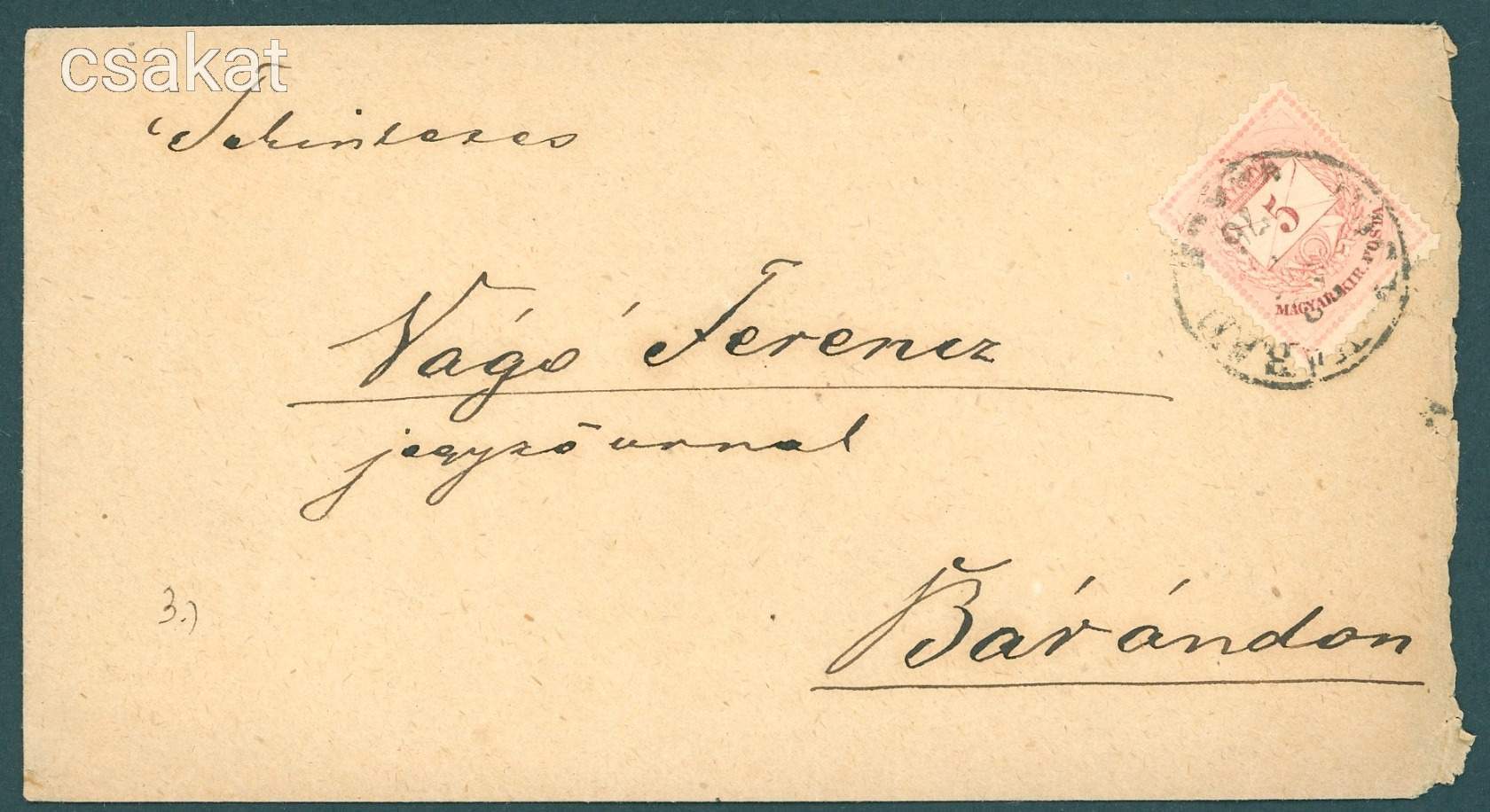 1874 5kr borítékon - NAGY VÁRAD -> BÁRÁND (e05)
