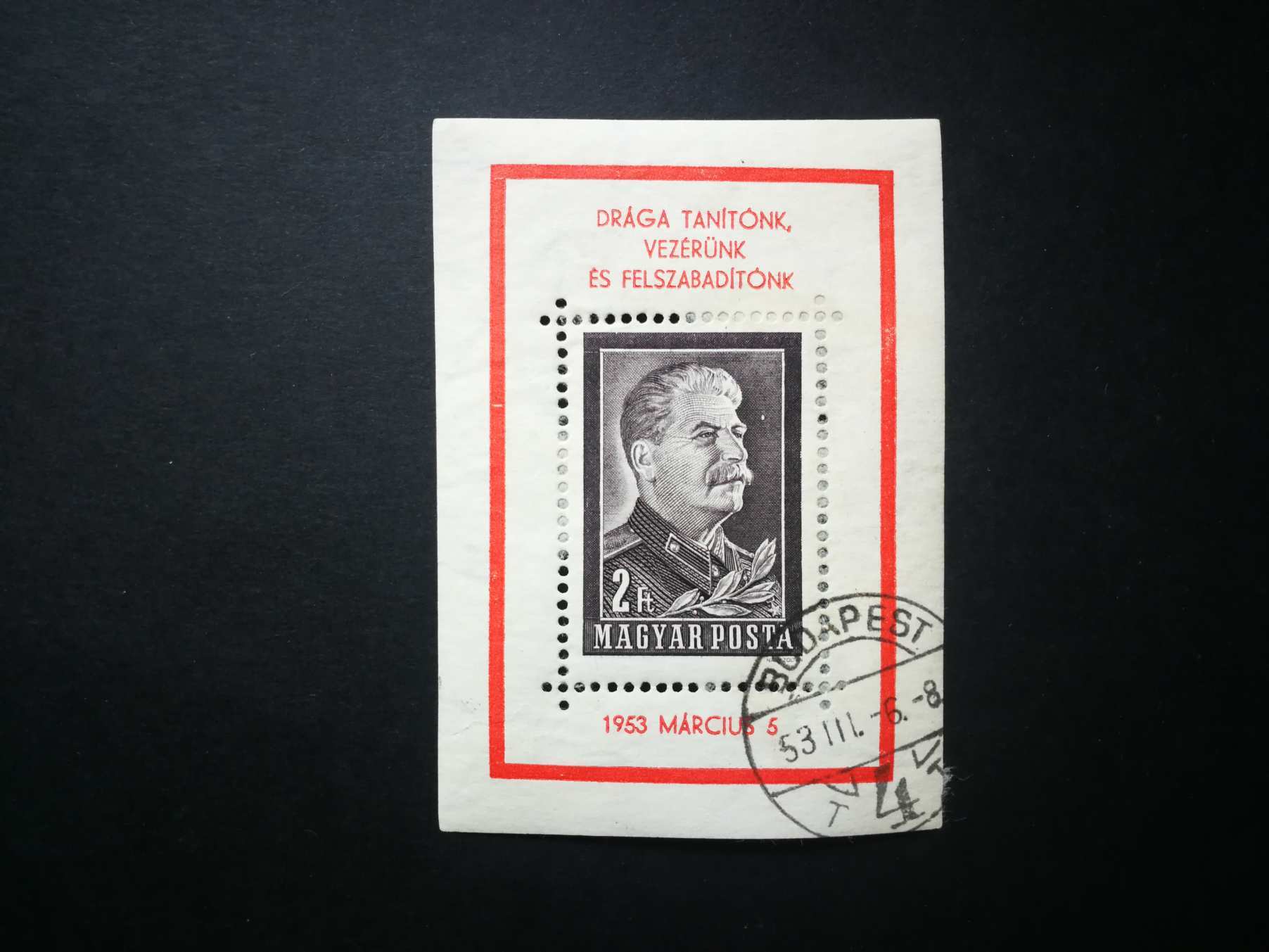 Magyarország 1953 Sztálin gyász blokk pecsételt betapadás Budapest G2