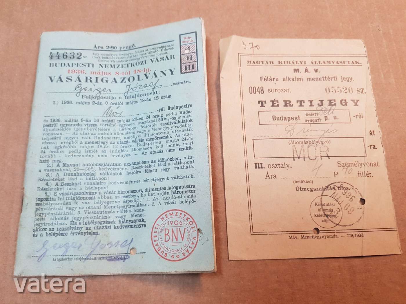 BNV 1936 vásárigazolvány