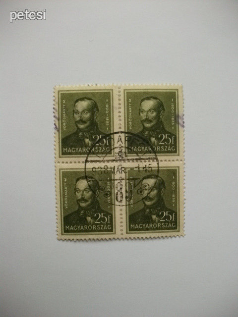 Magyar bélyeg arcképek 25 f 1932 4-es tömb / négyes tömb Budapest bélyegzéssel