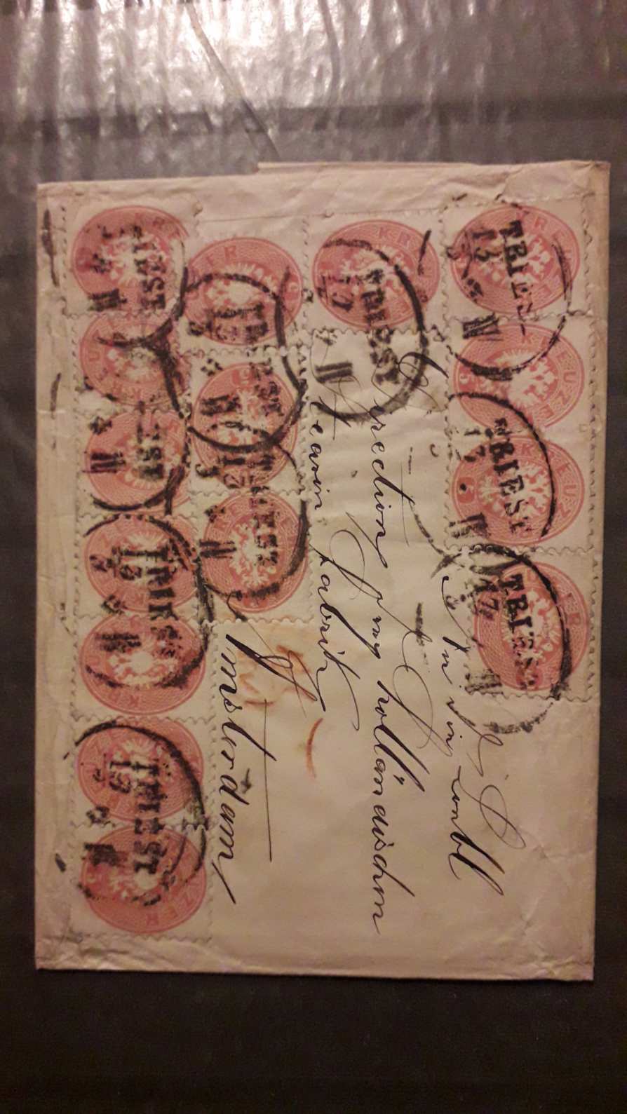 1863/64. Könyvnyomat 5kr 15db bélyeggel bérmentesített levél Triest-Amsterdam RRRRR
