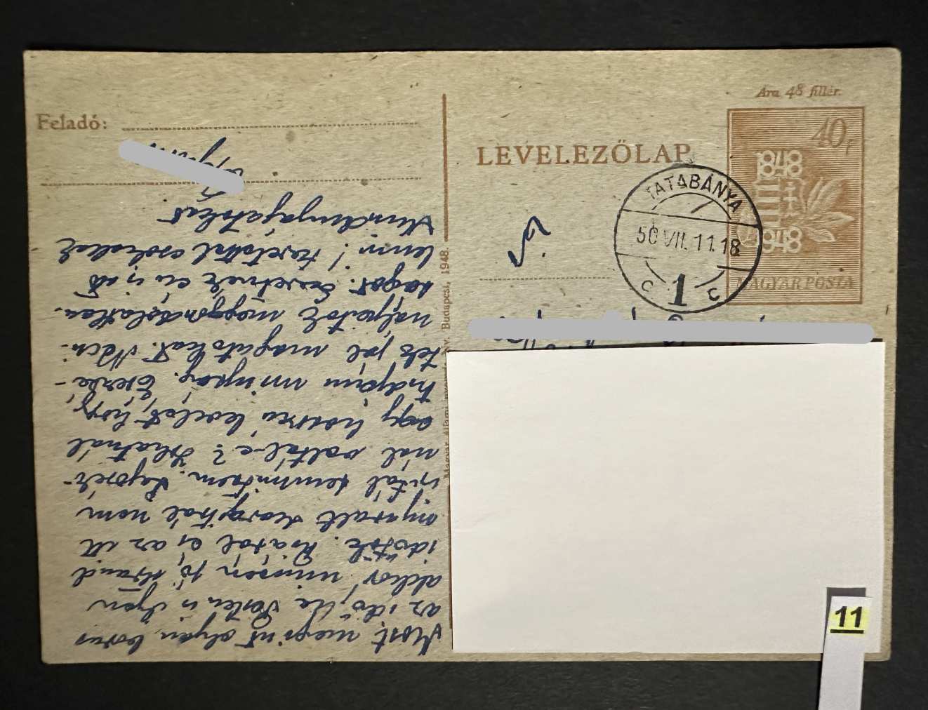 MAGYAR 1950 DÍJJEGYES 40 FILLÉR LEVELEZŐLAP -11.-