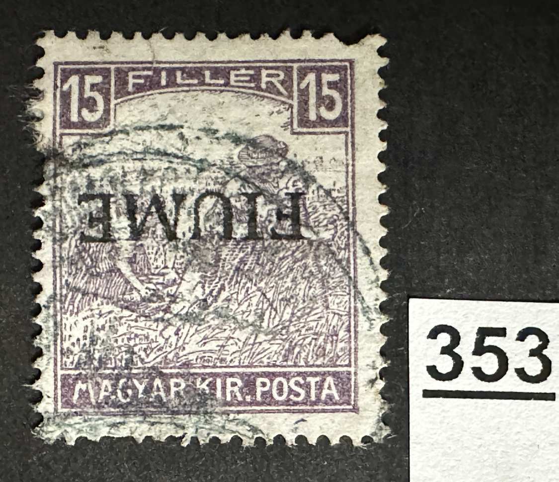 MAGYARORSZÁG 1918 FIUME OLASZ MEGSZÁLLÁS FEHÉRSZÁMÚ ARATÓ 15 FILLÉR FORDÍTOTT TVNY.  BÉLYEG