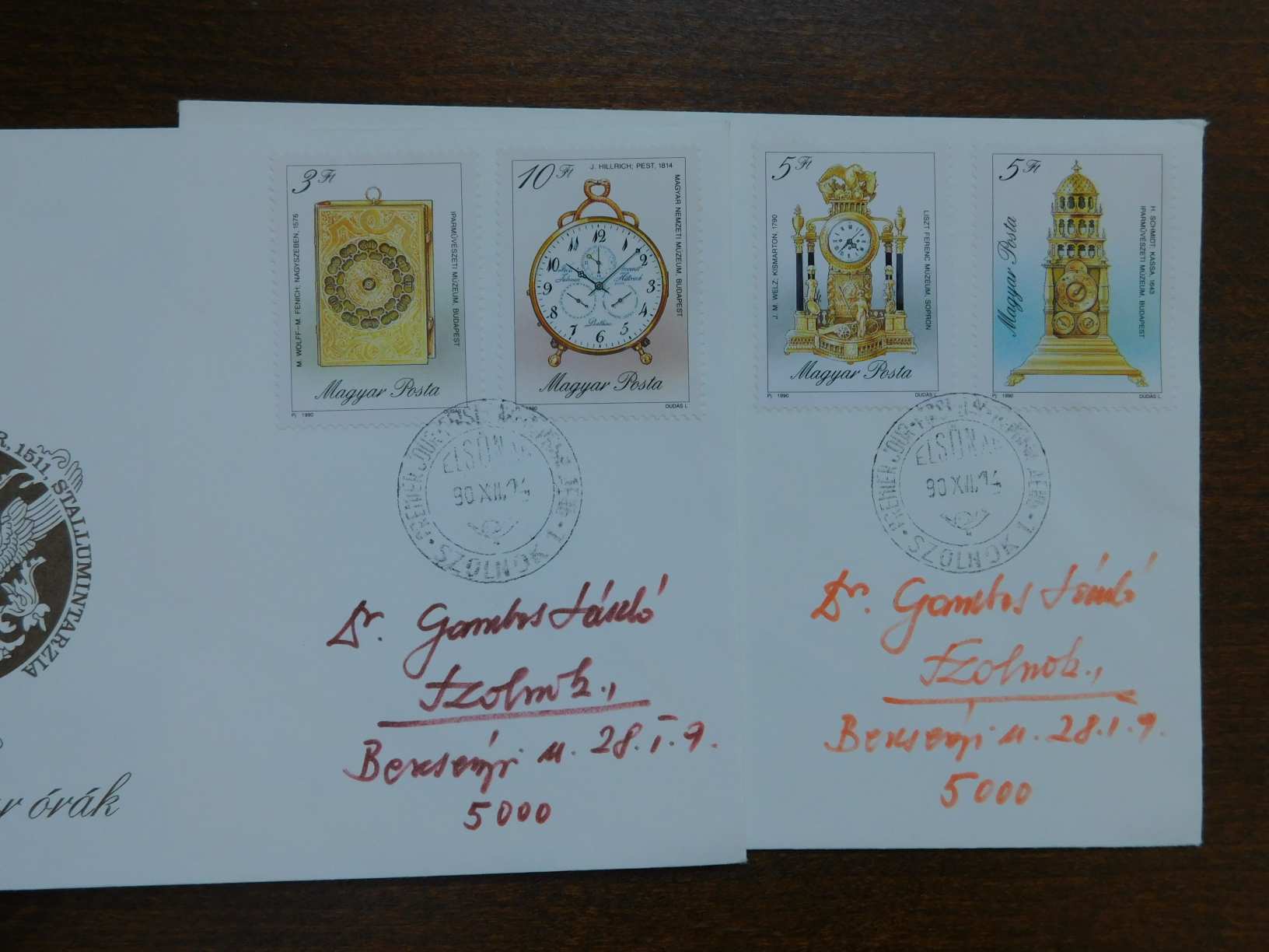 Megcímzett FDC pár 1990. Régi magyar órák bélyegsorral